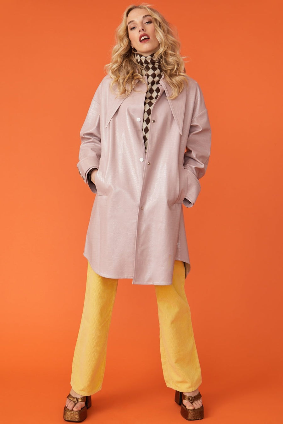 Venetia Beaumont — Baby Pink Oversized Faux Suede Leather Trench Coat with Exaggerated Collar