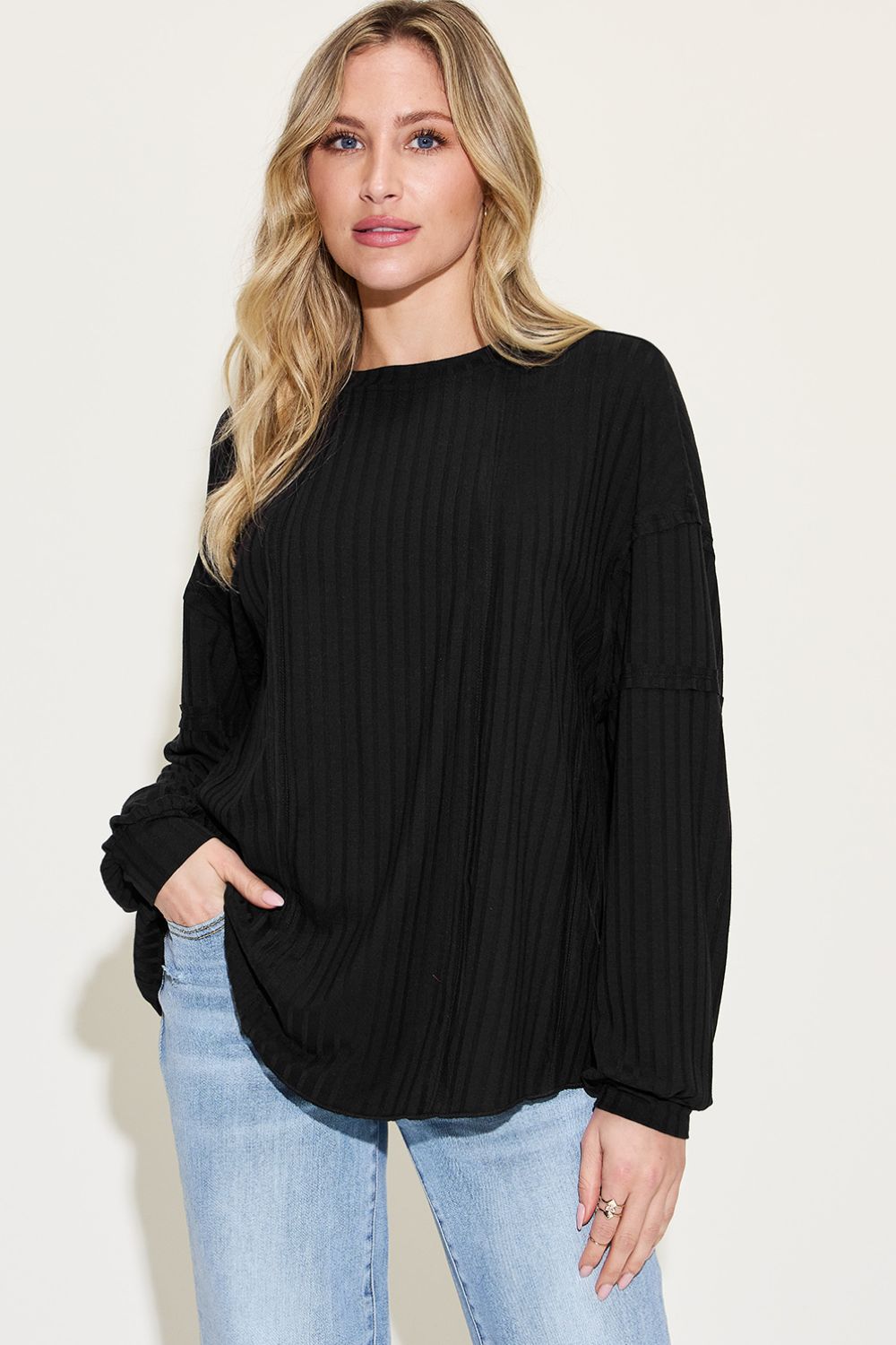 Basic Bae Full Size Ribbed Round Neck Long Sleeve T-Shirt - Opulent EmpireBasic Bae Full Size Ribbed Round Neck Long Sleeve T-ShirtOpulent Empire