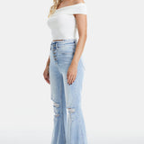 BAYEAS Full Size Distressed Raw Hem High Waist Flare Jeans - Opulent EmpireBAYEAS Full Size Distressed Raw Hem High Waist Flare JeansOpulent Empire