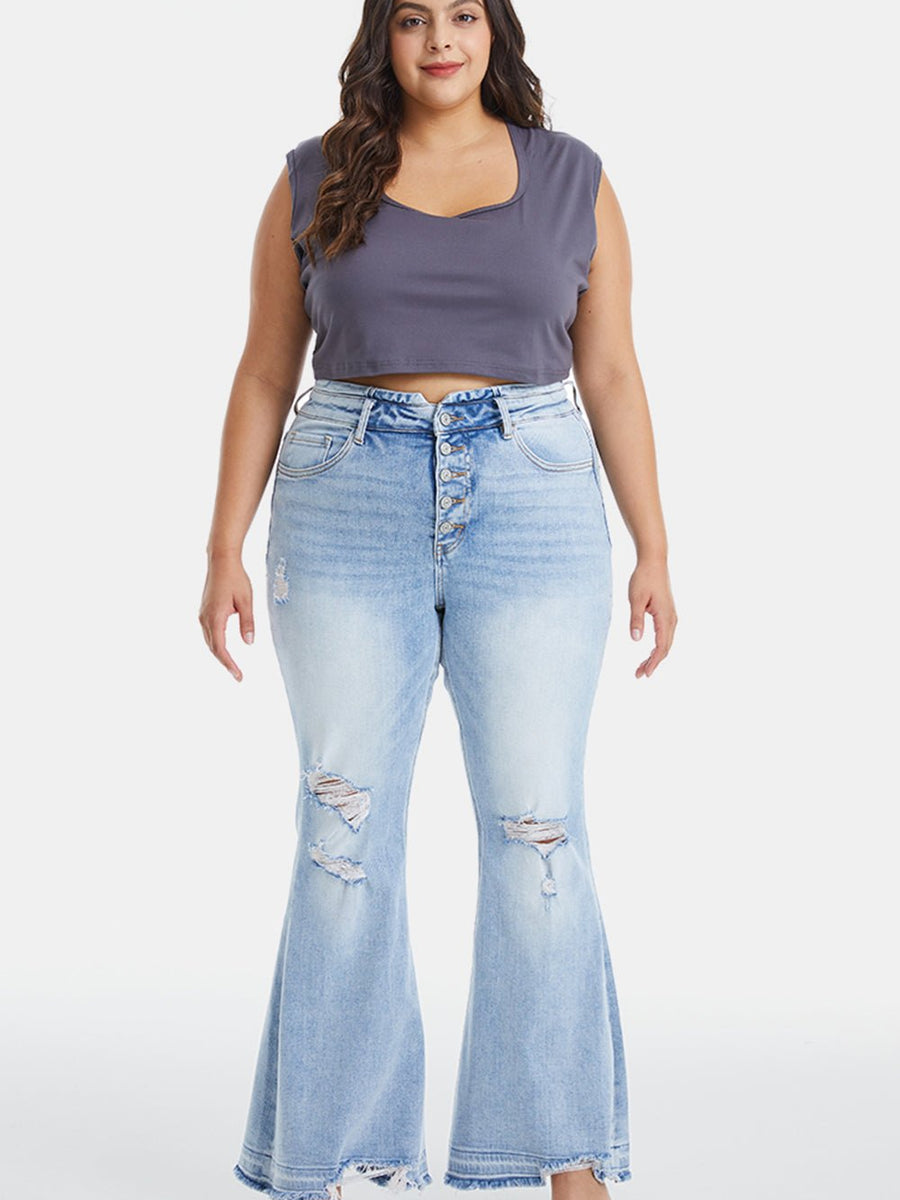 BAYEAS Full Size Distressed Raw Hem High Waist Flare Jeans - Opulent EmpireBAYEAS Full Size Distressed Raw Hem High Waist Flare JeansOpulent Empire