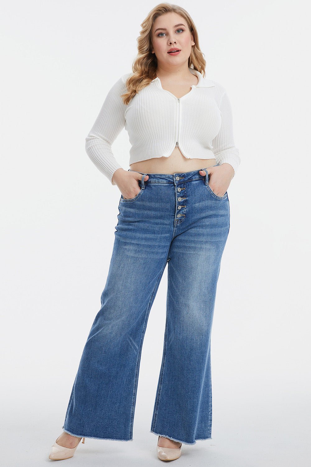 BAYEAS Full Size High Waist Button-Fly Raw Hem Wide Leg Jeans - Opulent EmpireBAYEAS Full Size High Waist Button-Fly Raw Hem Wide Leg JeansOpulent Empire