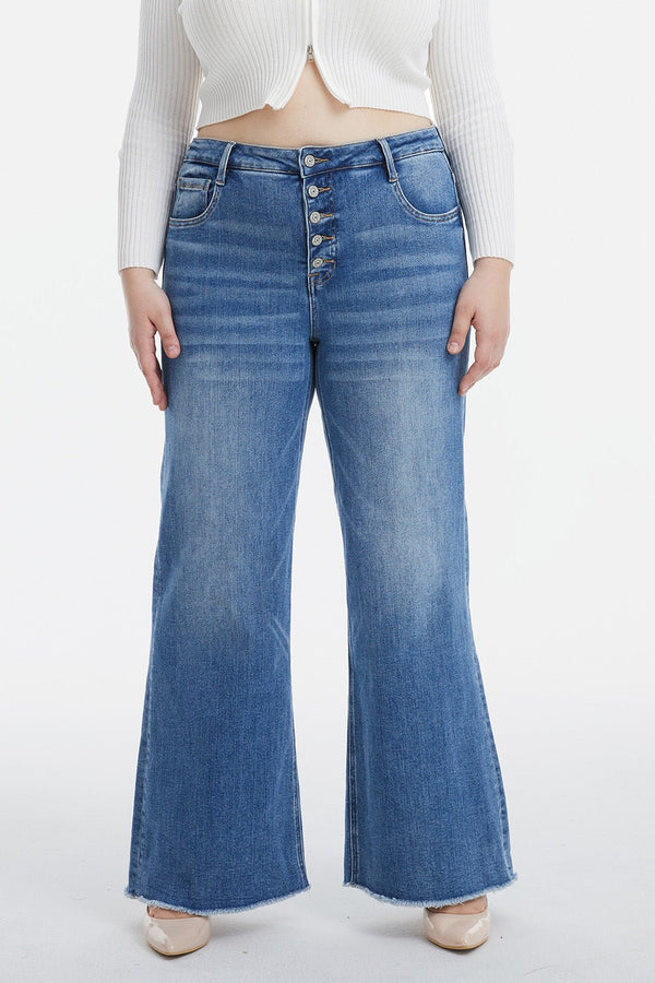 BAYEAS Full Size High Waist Button-Fly Raw Hem Wide Leg Jeans - Opulent EmpireBAYEAS Full Size High Waist Button-Fly Raw Hem Wide Leg JeansOpulent Empire