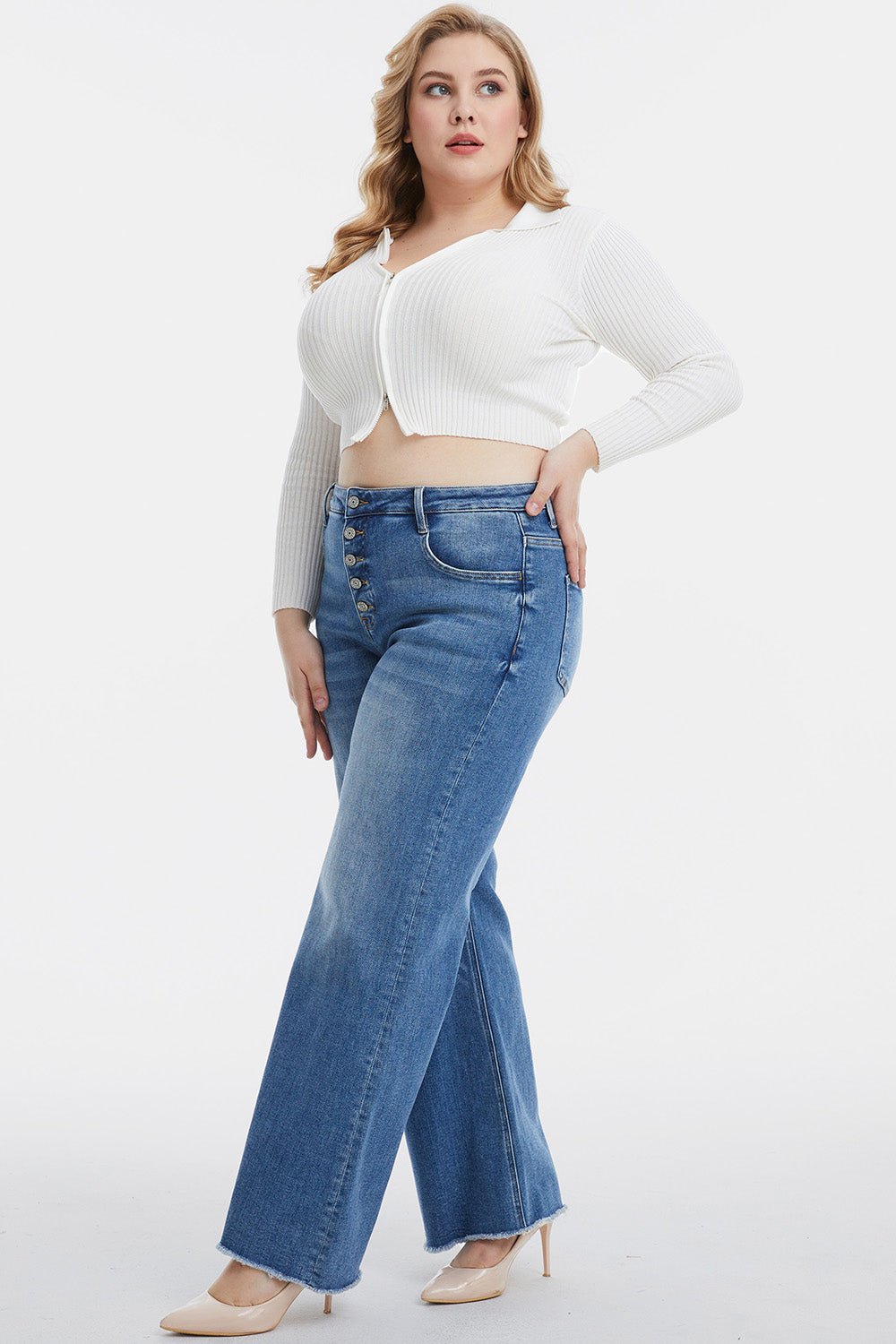 BAYEAS Full Size High Waist Button-Fly Raw Hem Wide Leg Jeans - Opulent EmpireBAYEAS Full Size High Waist Button-Fly Raw Hem Wide Leg JeansOpulent Empire