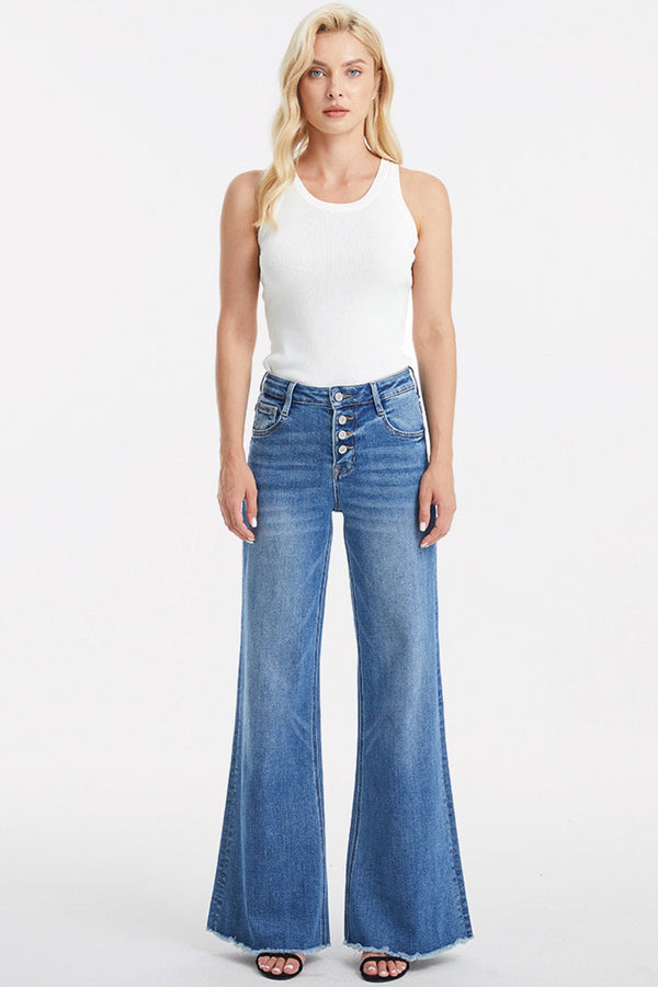 BAYEAS Full Size High Waist Button-Fly Raw Hem Wide Leg Jeans - Opulent EmpireBAYEAS Full Size High Waist Button-Fly Raw Hem Wide Leg JeansOpulent Empire