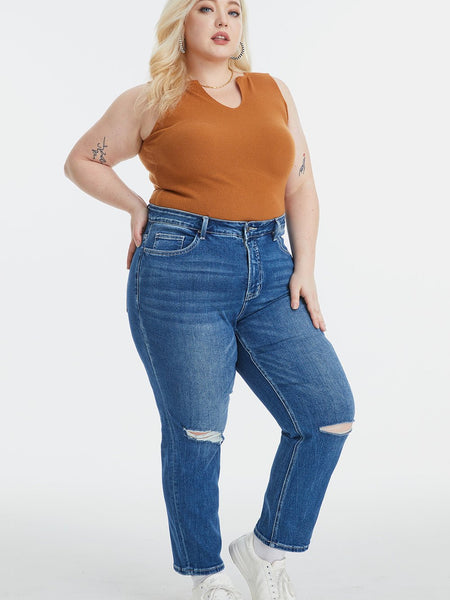 BAYEAS Full Size High Waist Distressed Washed Cropped Mom Jeans - Opulent EmpireBAYEAS Full Size High Waist Distressed Washed Cropped Mom JeansOpulent Empire