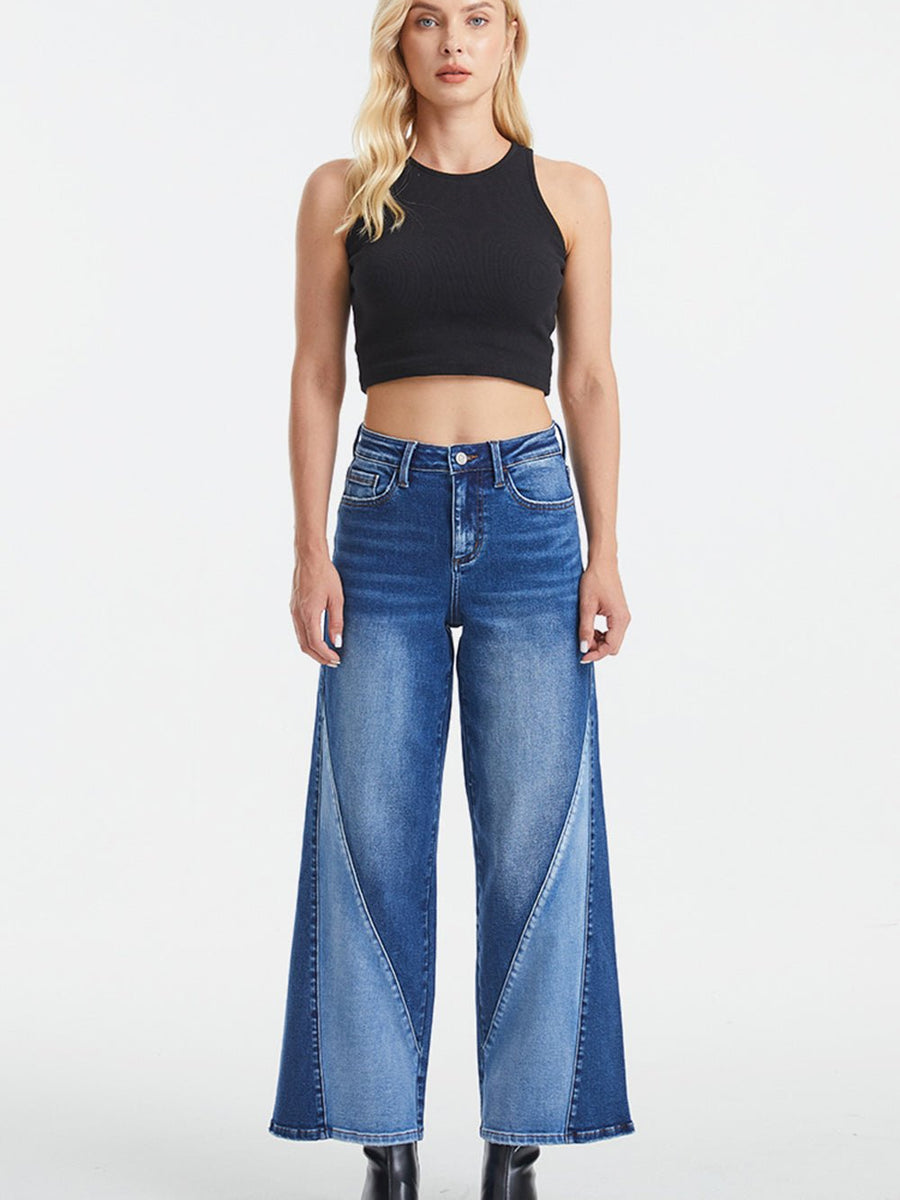 BAYEAS Full Size High Waist Two-Tones Patched Wide Leg Jeans - Opulent EmpireBAYEAS Full Size High Waist Two-Tones Patched Wide Leg JeansOpulent Empire