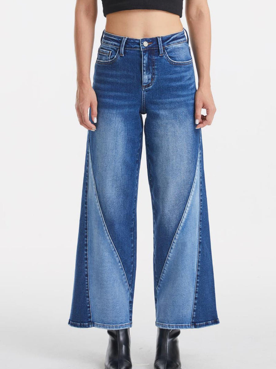 BAYEAS Full Size High Waist Two-Tones Patched Wide Leg Jeans - Opulent EmpireBAYEAS Full Size High Waist Two-Tones Patched Wide Leg JeansOpulent Empire