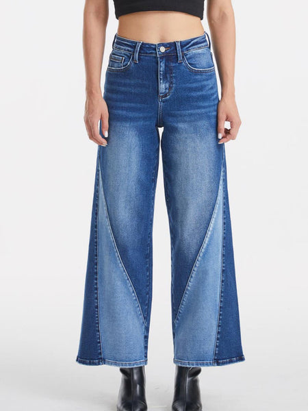 BAYEAS Full Size High Waist Two-Tones Patched Wide Leg Jeans - Opulent EmpireBAYEAS Full Size High Waist Two-Tones Patched Wide Leg JeansOpulent Empire