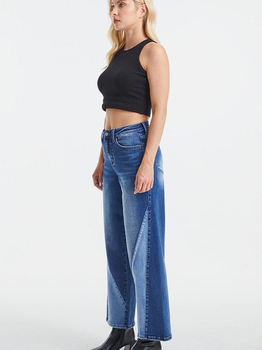 BAYEAS Full Size High Waist Two-Tones Patched Wide Leg Jeans - Opulent EmpireBAYEAS Full Size High Waist Two-Tones Patched Wide Leg JeansOpulent Empire