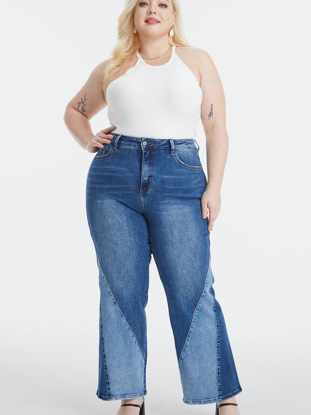 BAYEAS Full Size High Waist Two-Tones Patched Wide Leg Jeans - Opulent EmpireBAYEAS Full Size High Waist Two-Tones Patched Wide Leg JeansOpulent Empire