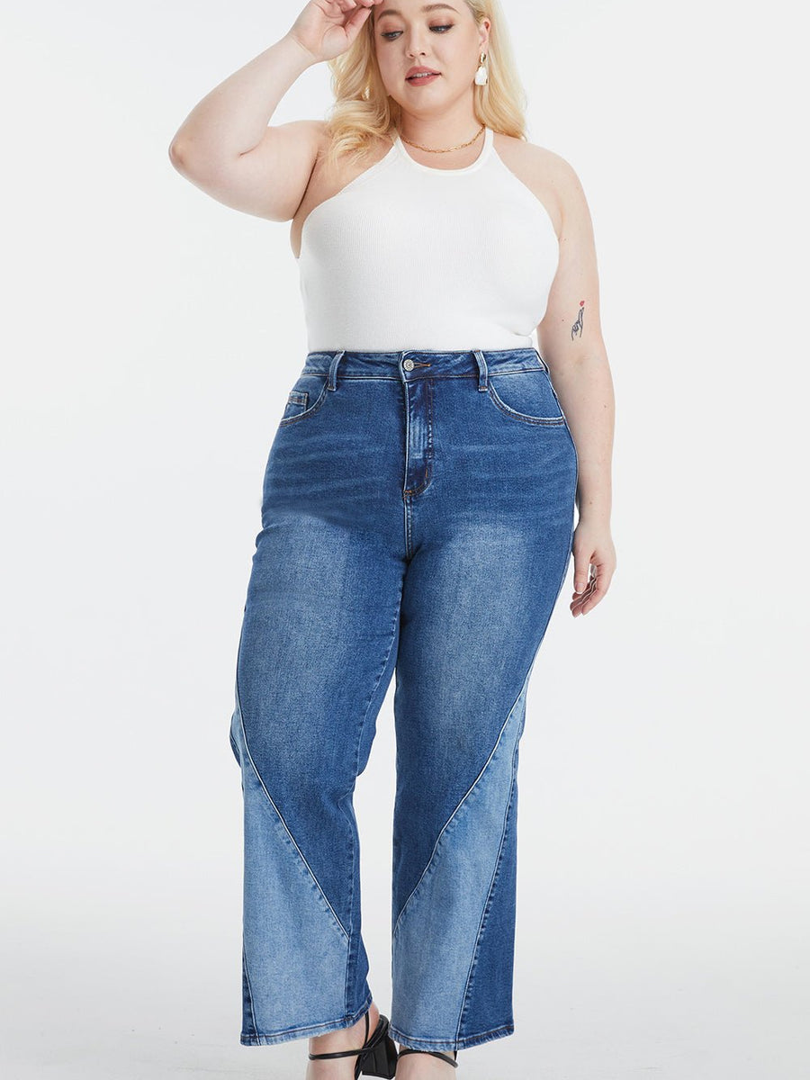 BAYEAS Full Size High Waist Two-Tones Patched Wide Leg Jeans - Opulent EmpireBAYEAS Full Size High Waist Two-Tones Patched Wide Leg JeansOpulent Empire