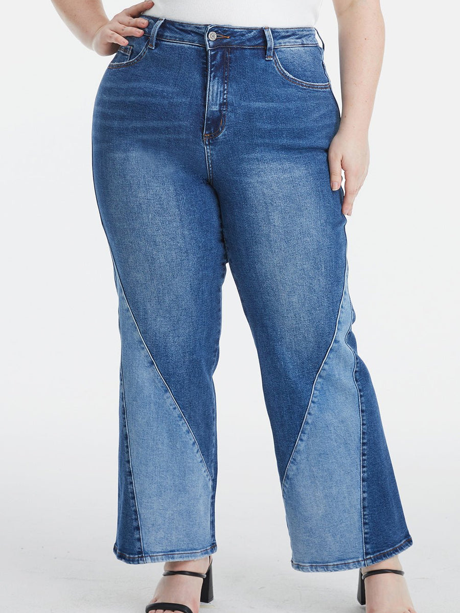 BAYEAS Full Size High Waist Two-Tones Patched Wide Leg Jeans - Opulent EmpireBAYEAS Full Size High Waist Two-Tones Patched Wide Leg JeansOpulent Empire