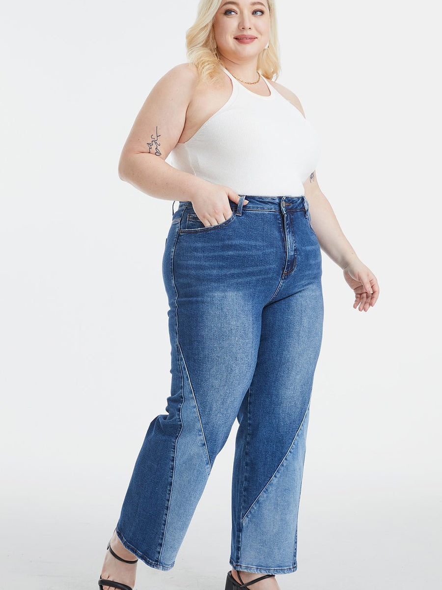 BAYEAS Full Size High Waist Two-Tones Patched Wide Leg Jeans - Opulent EmpireBAYEAS Full Size High Waist Two-Tones Patched Wide Leg JeansOpulent Empire