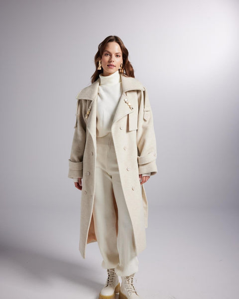 Accessorized Wool Blended Cashmere Maxi Woody Ecru Coat-1