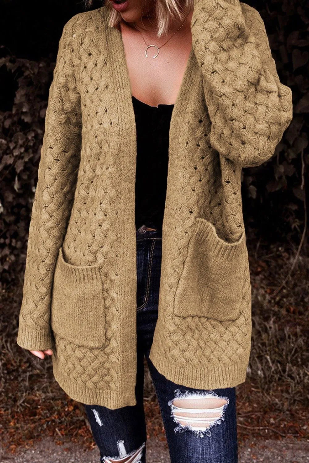 Perrin Delacroix — Open Front Dropped Shoulder Cardigan with Pockets, alternate view 23