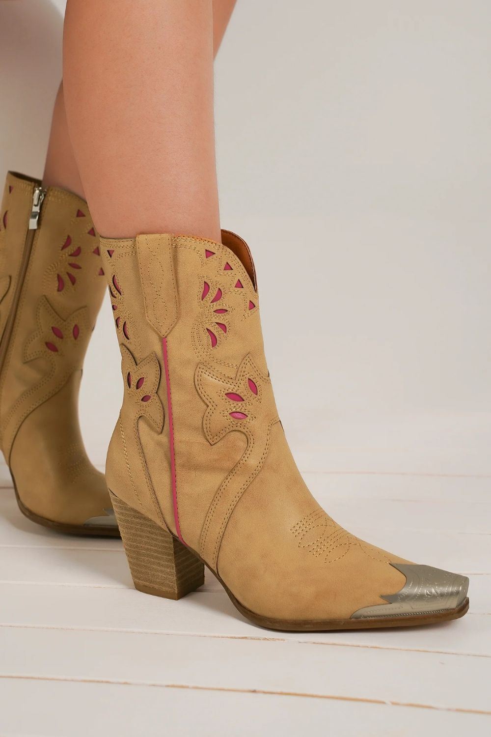 Emery Montclair — Beast Fashion Cut-Out Floral Embroidery Boots Camel Fashion Footwear