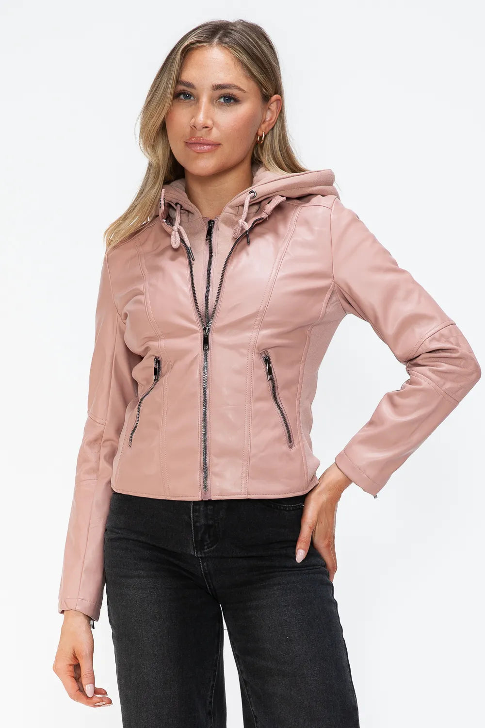 Rain Rosetti — Snobbish Faux Leather Zip Up Drawstring Hooded Jacket, alternate view 32