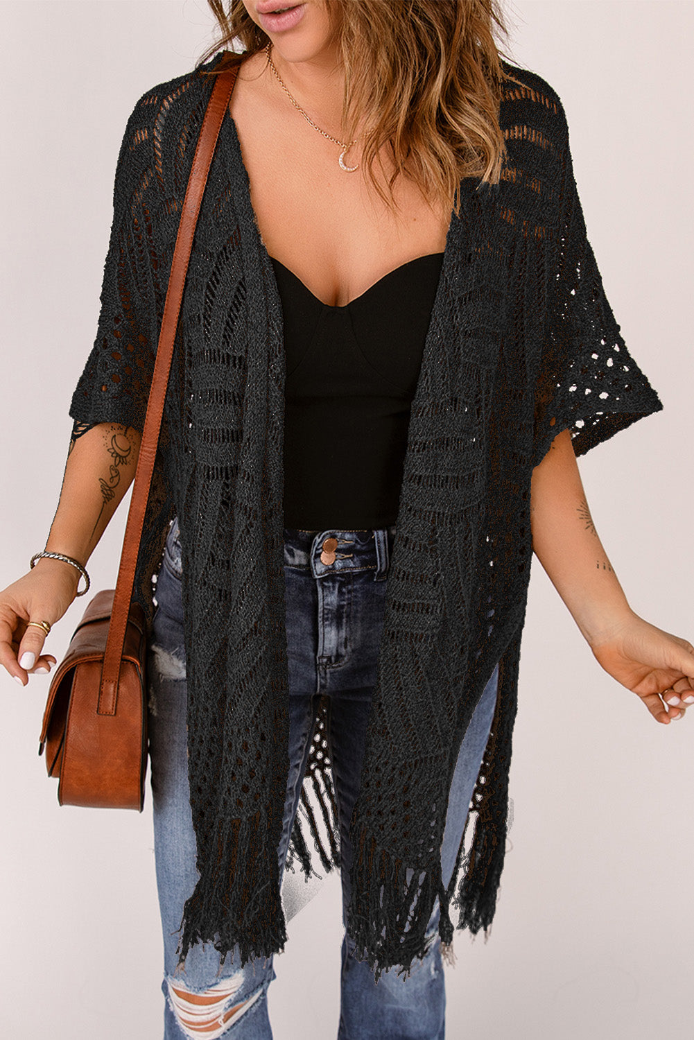 Indigo Versailles — Fringe Hem Slit Open Front Cardigan, alternate view 3