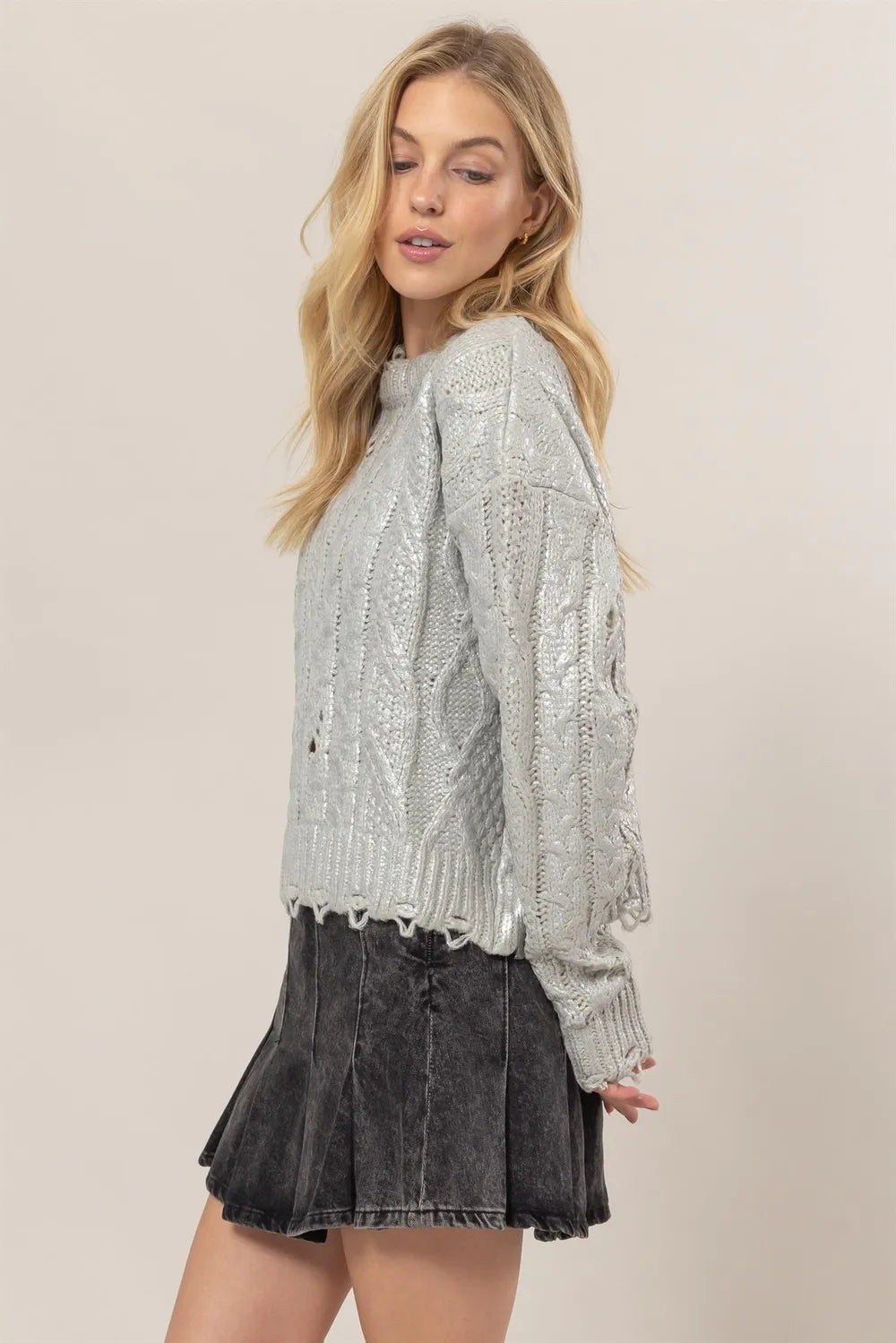 Paris Rivière — HYFVE Distressed Cable-Knit Round Neck Long Sleeve Sweater, alternate view 3