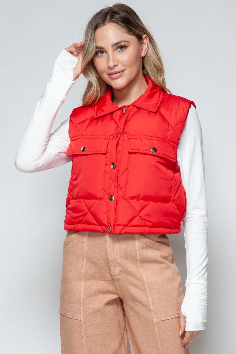 Cove Rosetti — Snobbish Snap Down Quilted Crop Vest Red Coat or Jacket