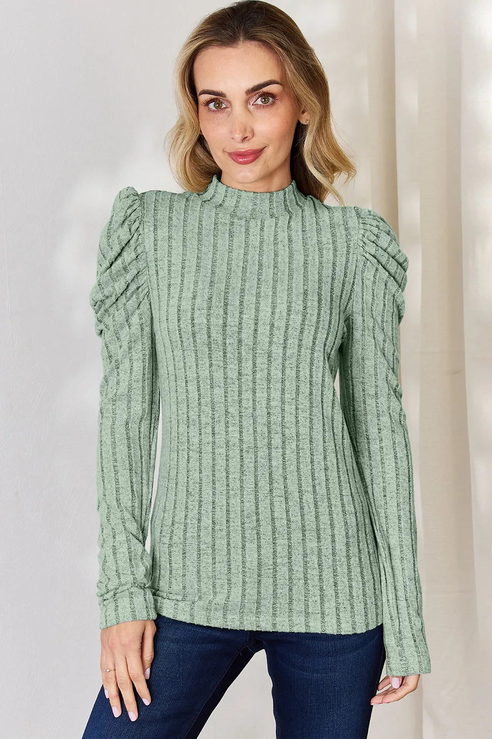 Ciel Delacroix — Basic Bae Full Size Ribbed Mock Neck Puff Sleeve T-Shirt, alternate view 16