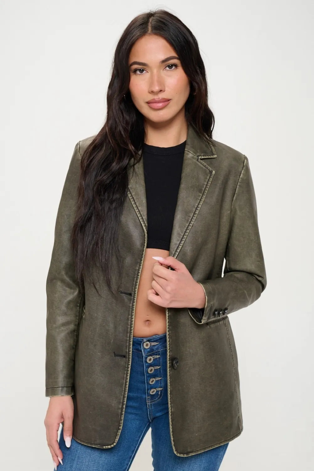 Gray Saint-Clair — Coalition LA Single-Breasted Vegan Leather Blazer