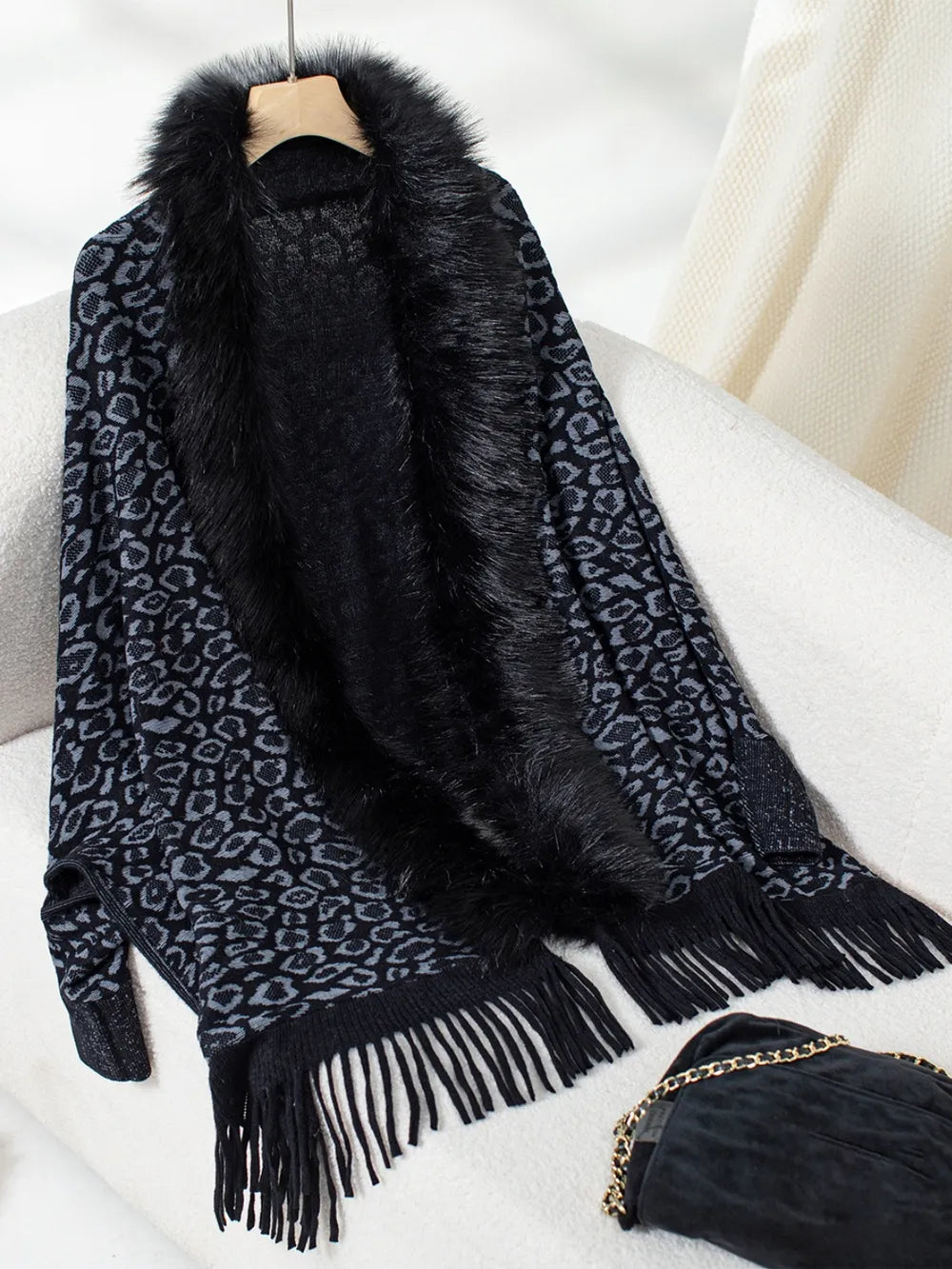 Rain Sorrento — Fringe Leopard Open Front Long Sleeve Poncho, alternate view 17