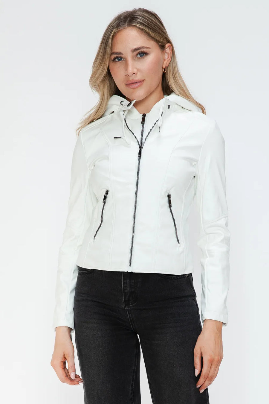 Ciel Rosetti — Snobbish Faux Leather Zip Up Drawstring Hooded Jacket