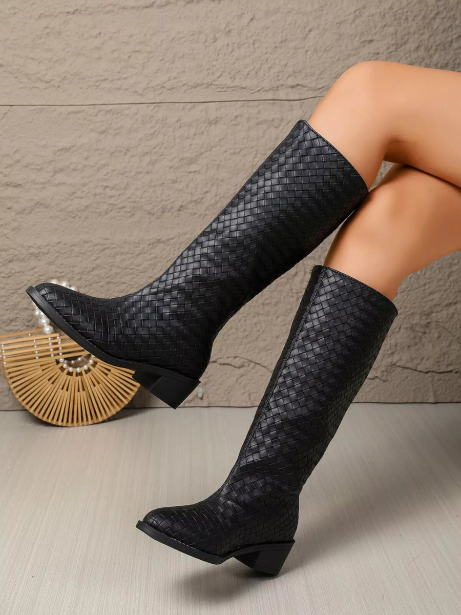 Zephyr Marino — Woven Textured Block Heels Boots Black Fashion Footwear, alternate view 2