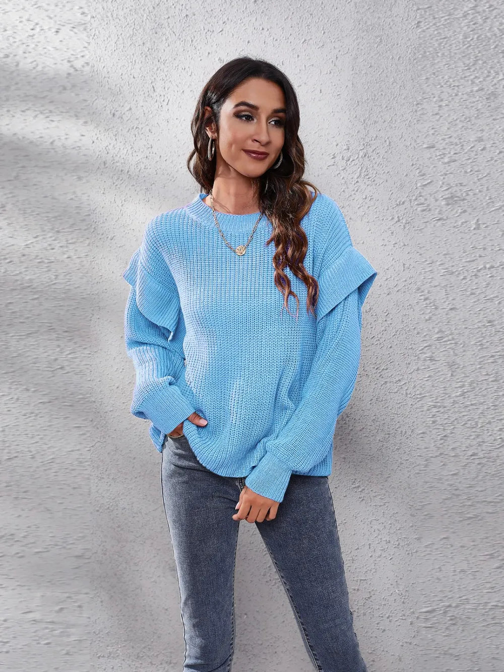 Harbor Bellamy — Ruffled Round Neck Dropped Shoulder Sweater, alternate view 5