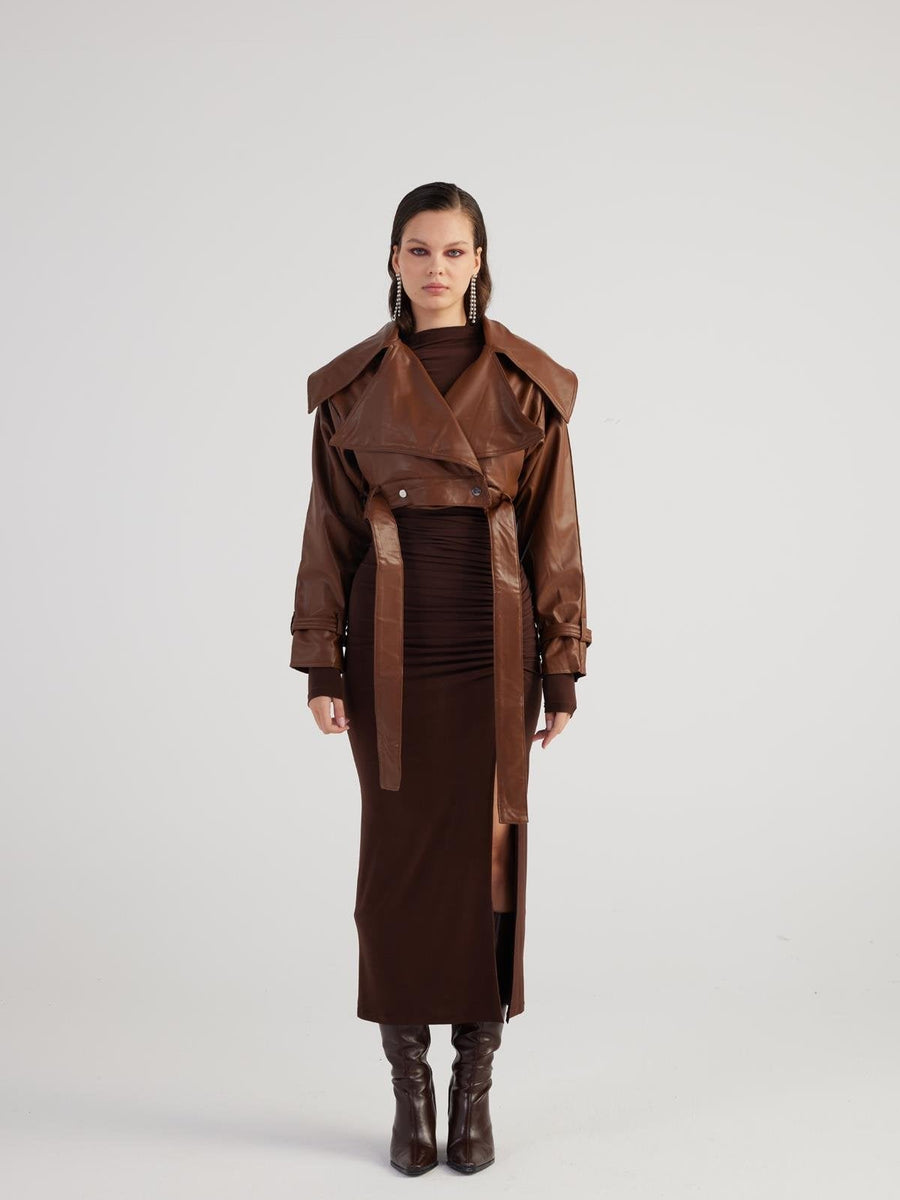 Neeko Chocolate Faux Leather Cropped Jacket-3