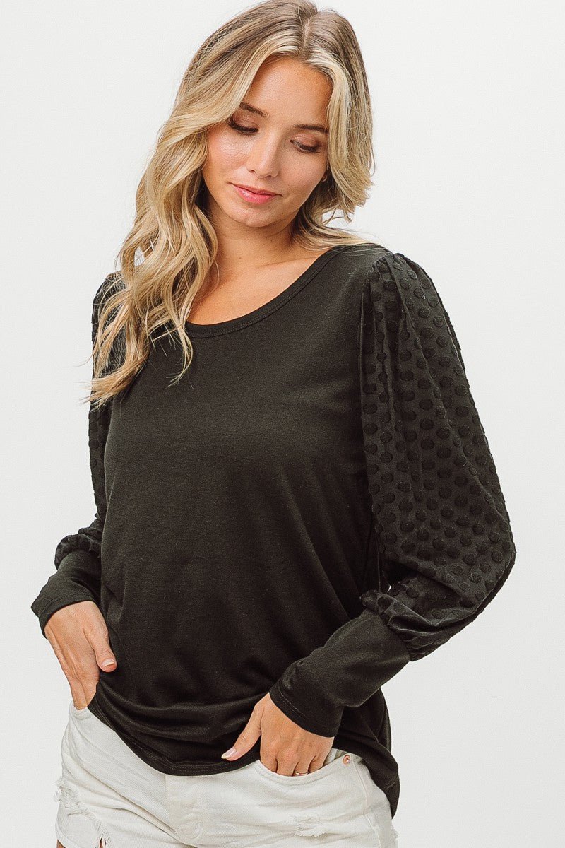 BiBi Round Neck Polka Dot Lantern Sleeve Top - Opulent EmpireBiBi Round Neck Polka Dot Lantern Sleeve TopOpulent Empire