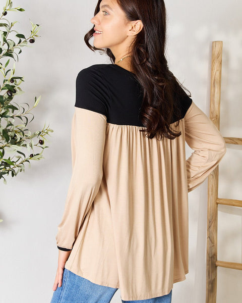 BOMBOM Contrast Long Sleeve Ruched Blouse - Opulent EmpireBOMBOM Contrast Long Sleeve Ruched BlouseOpulent Empire