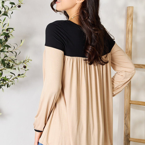 BOMBOM Contrast Long Sleeve Ruched Blouse - Opulent EmpireBOMBOM Contrast Long Sleeve Ruched BlouseOpulent Empire