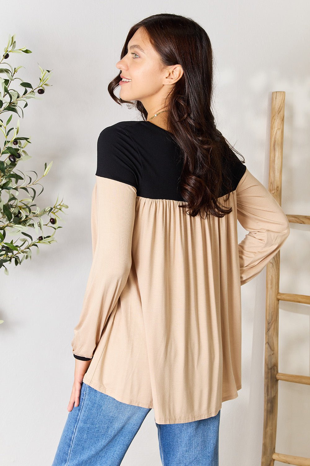 BOMBOM Contrast Long Sleeve Ruched Blouse - Opulent EmpireBOMBOM Contrast Long Sleeve Ruched BlouseOpulent Empire