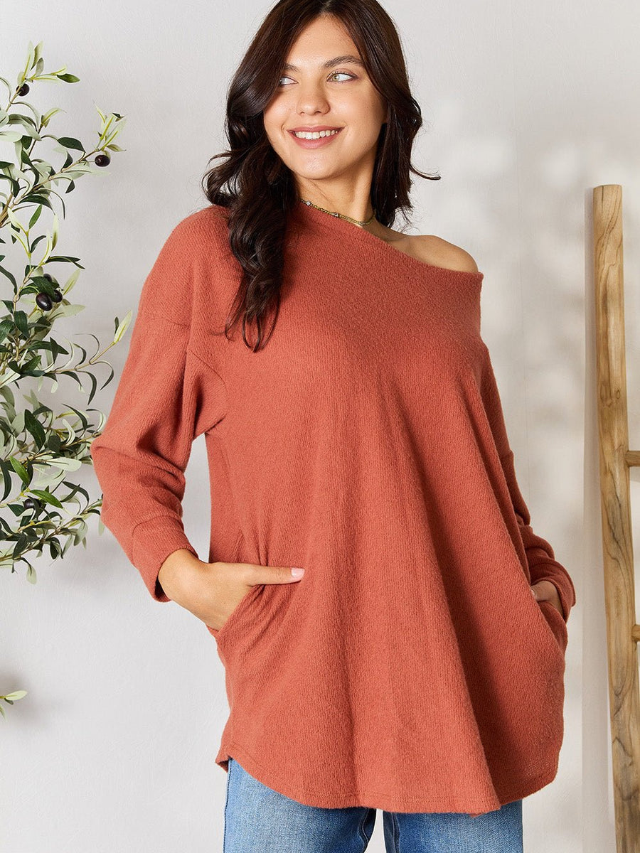 BOMBOM Drop Shoulder Long Sleeve Blouse with Pockets - Opulent EmpireBOMBOM Drop Shoulder Long Sleeve Blouse with PocketsOpulent Empire