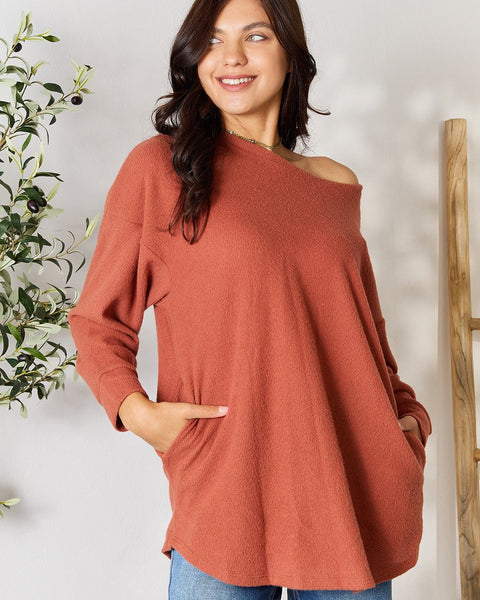 BOMBOM Drop Shoulder Long Sleeve Blouse with Pockets - Opulent EmpireBOMBOM Drop Shoulder Long Sleeve Blouse with PocketsOpulent Empire