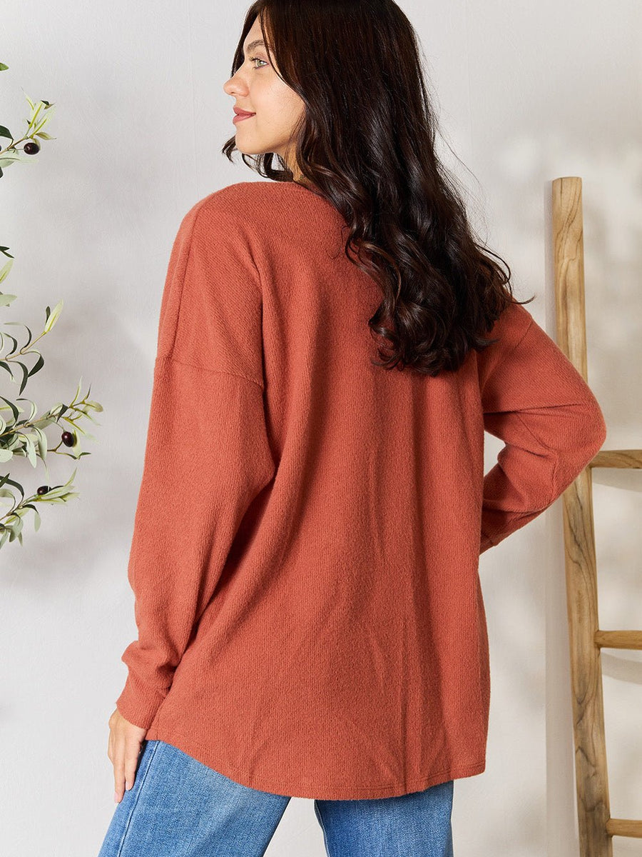 BOMBOM Drop Shoulder Long Sleeve Blouse with Pockets - Opulent EmpireBOMBOM Drop Shoulder Long Sleeve Blouse with PocketsOpulent Empire