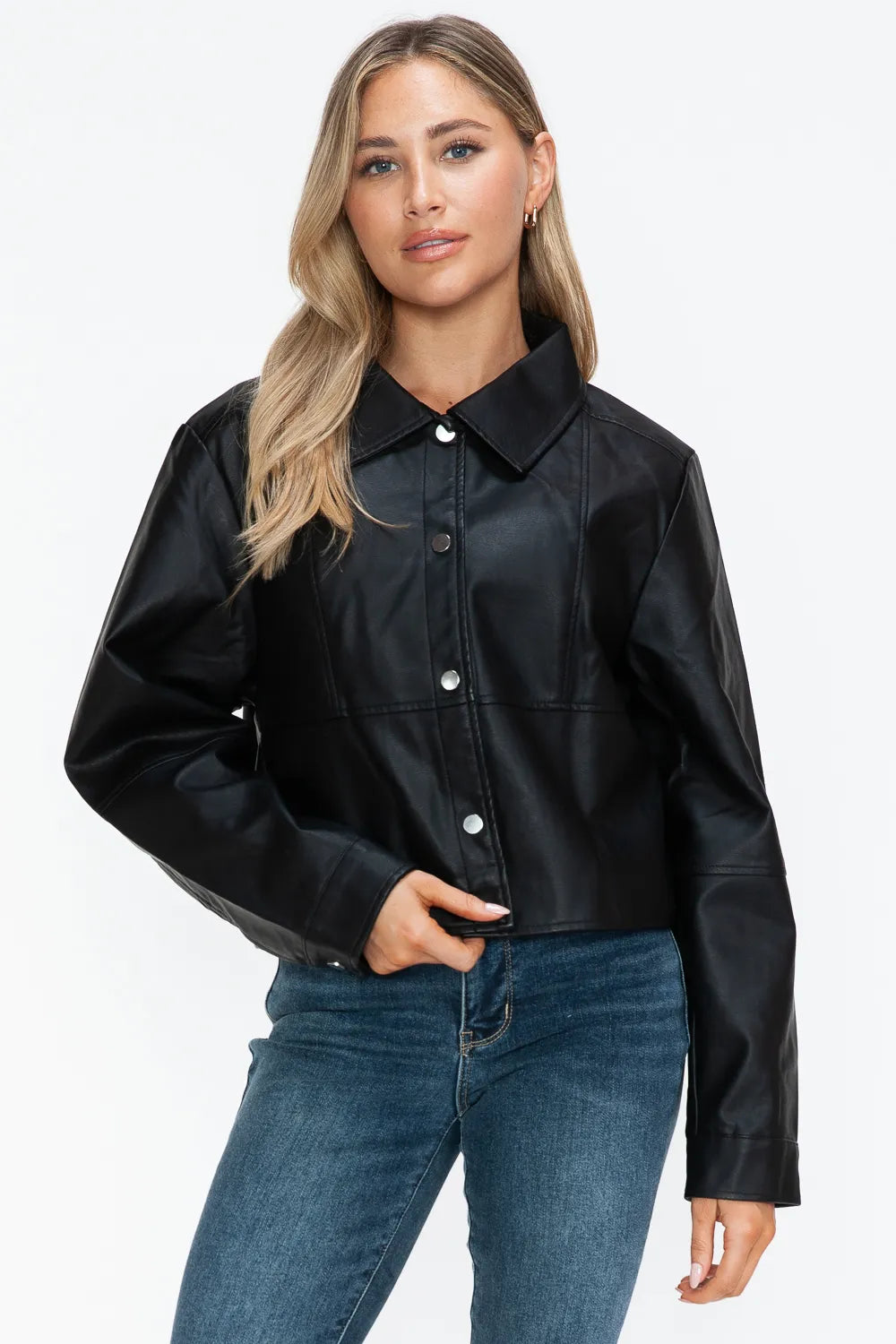 Rain Saint-Clair — Snobbish Snap Down Long Sleeve PU Leather Jacket, alternate view 5