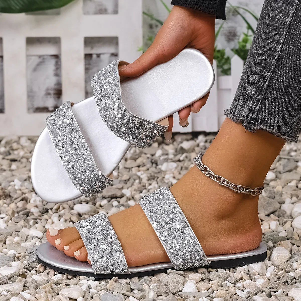 Harbor Marino — Sequin Open Toe Flats Sandals Fashion Footwear, alternate view 16