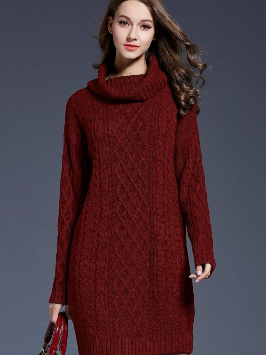 Woven Right Full Size Mixed Knit Cowl Neck Dropped Shoulder Sweater Dress