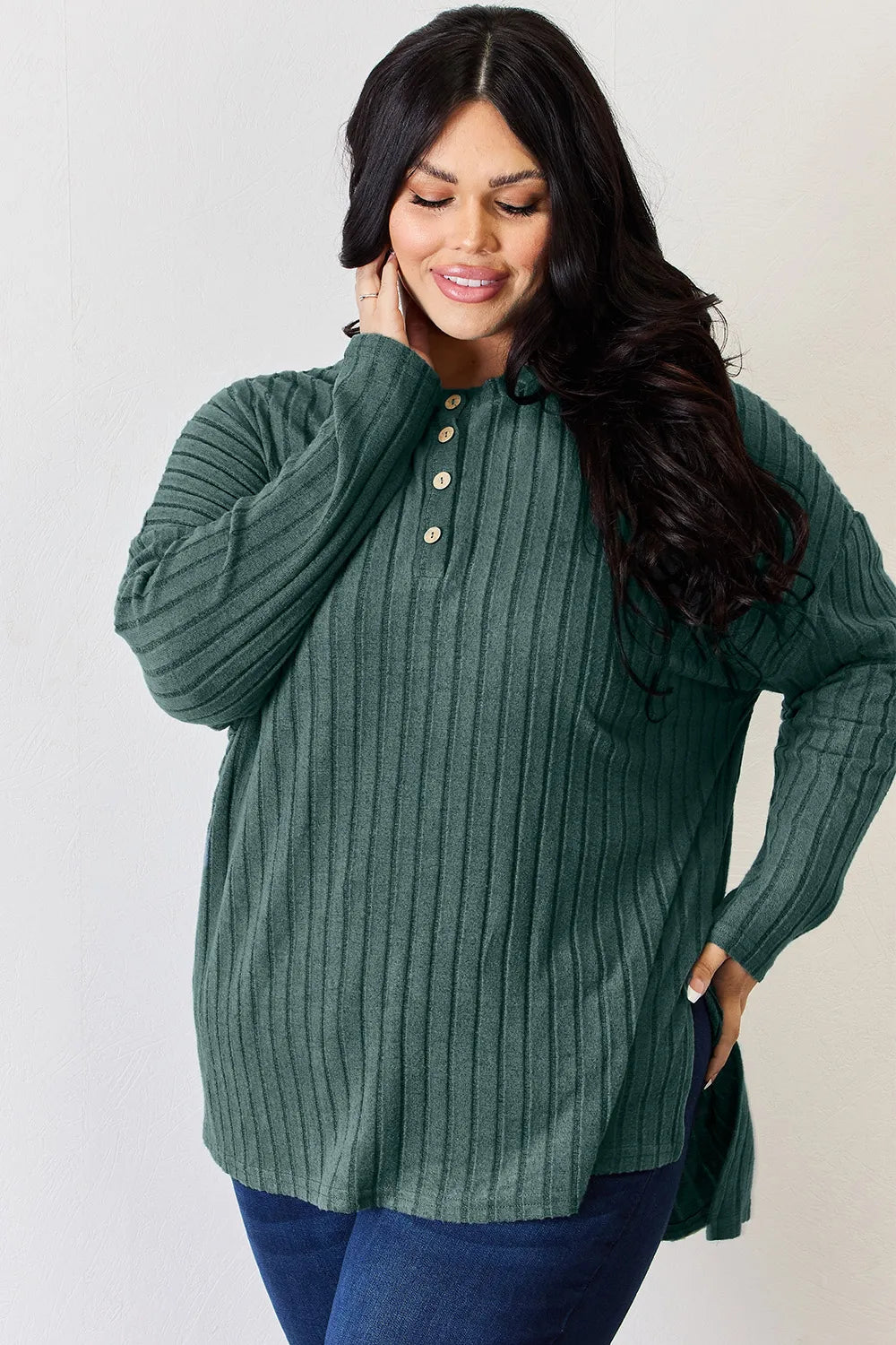 Noa Rousseau — Basic Bae Full Size Ribbed Half Button Long Sleeve High-Low T-Shirt, alternate view 14