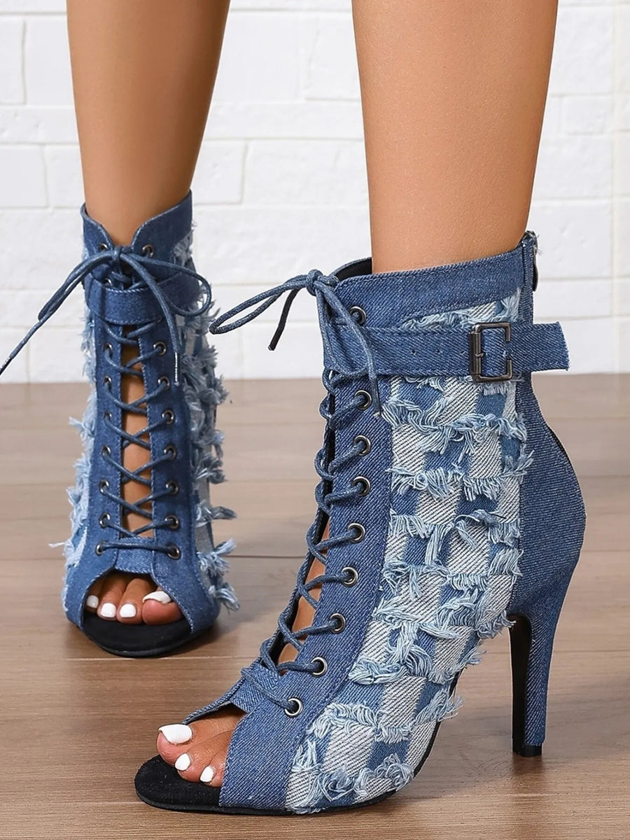 Marlowe Bellini — Distressed Denim Lace-Up Peep Toe Ankle Boots Peacock Blue Fashion Footwear