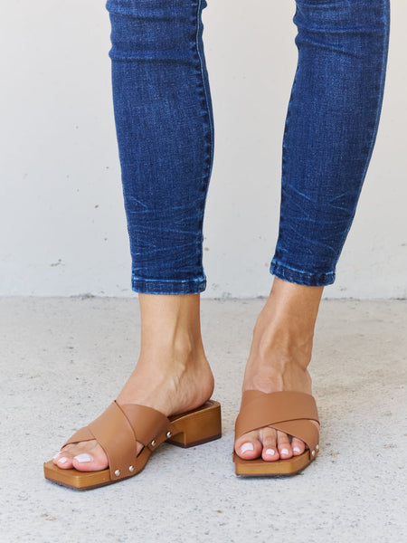 Weeboo Step Into Summer Criss Cross Wooden Clog Mule in Brown - Opulent Empire