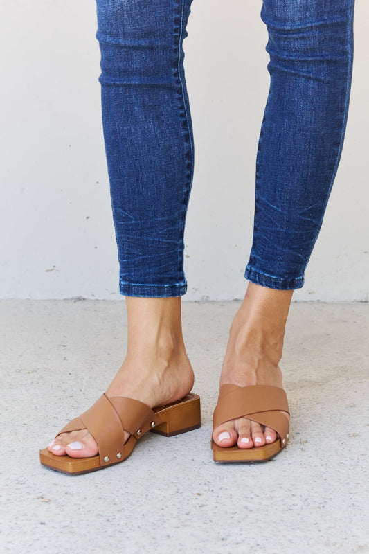 Weeboo Step Into Summer Criss Cross Wooden Clog Mule in Brown - Opulent Empire