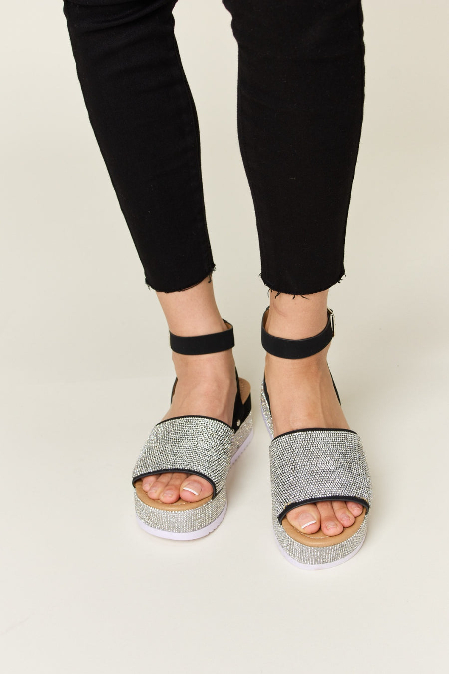 Reese Montclair — Forever Link Rhinestone Buckle Strappy Wedge Sandals Black Fashion Footwear, alternate view 2