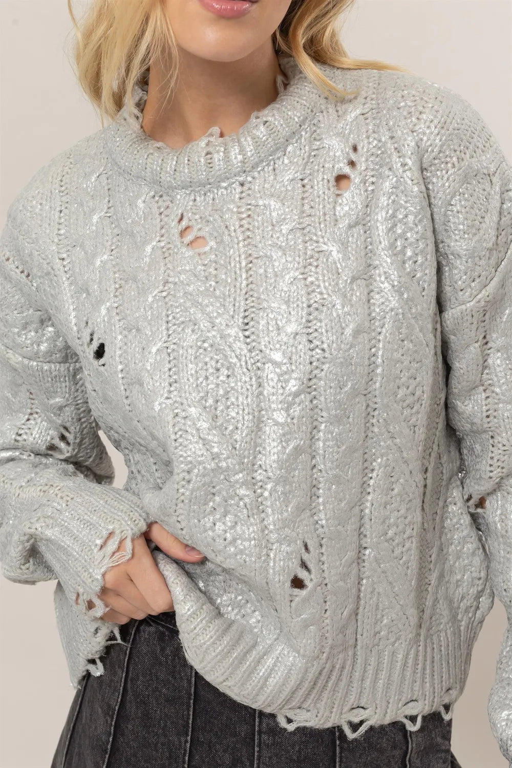 Paris Rivière — HYFVE Distressed Cable-Knit Round Neck Long Sleeve Sweater, alternate view 5