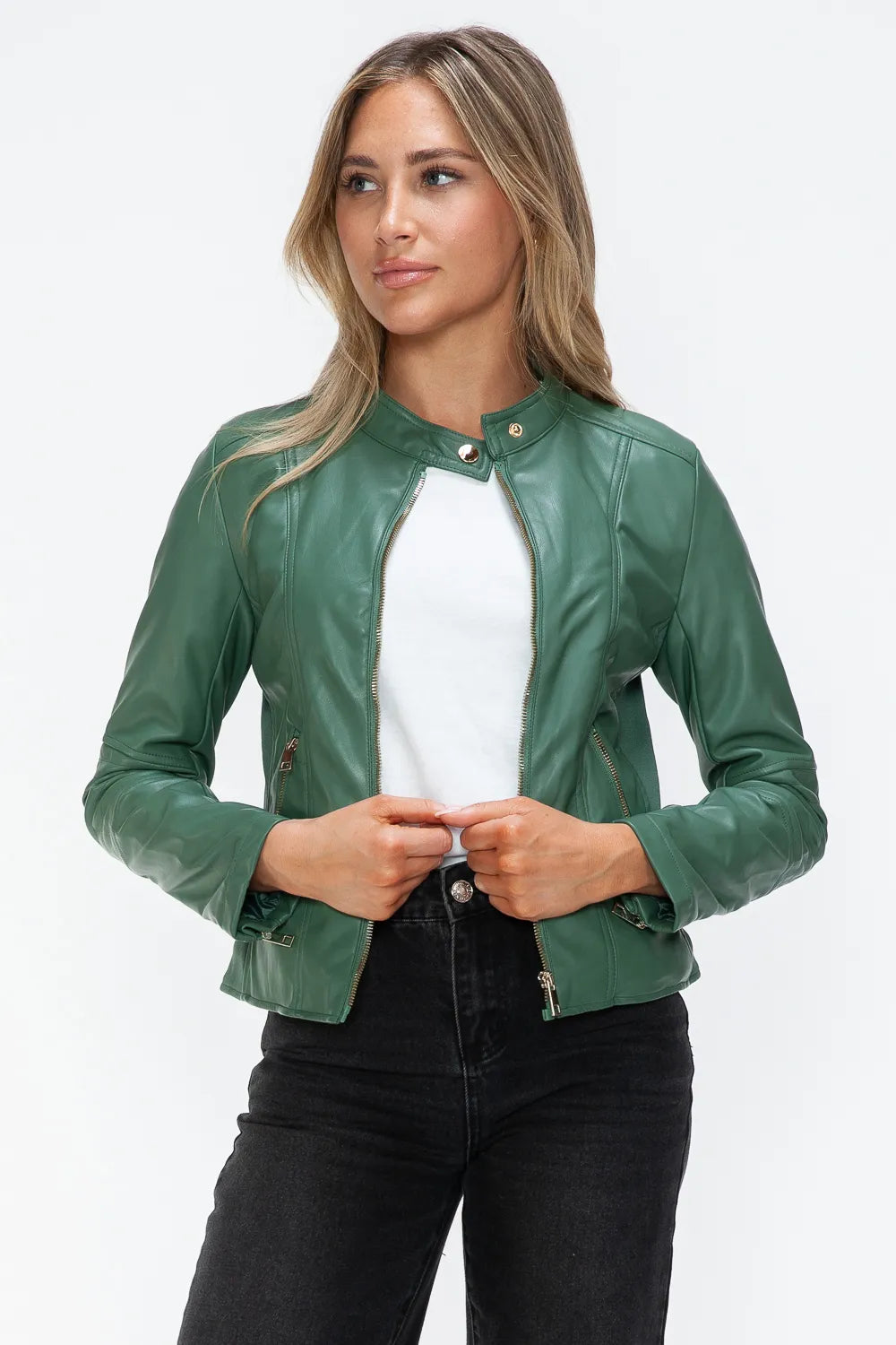 Winter Rosetti — Snobbish Faux Leather Zip Up Drawstring Hooded Jacket, alternate view 19
