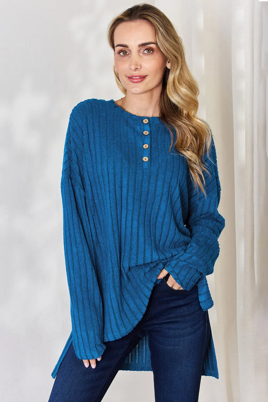 Noa Rousseau — Basic Bae Full Size Ribbed Half Button Long Sleeve High-Low T-Shirt