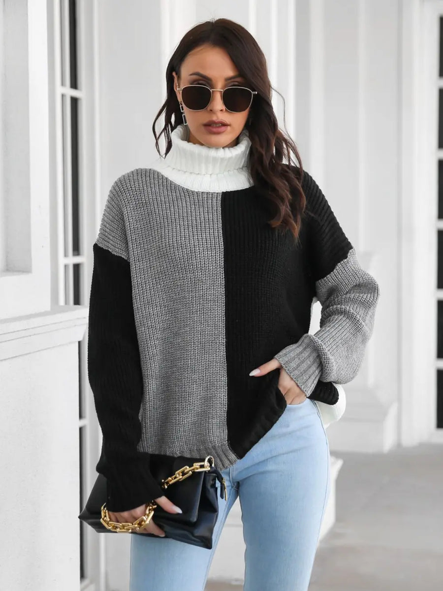 Nova Valmont — Contrast Turtleneck Long Sleeve Sweater